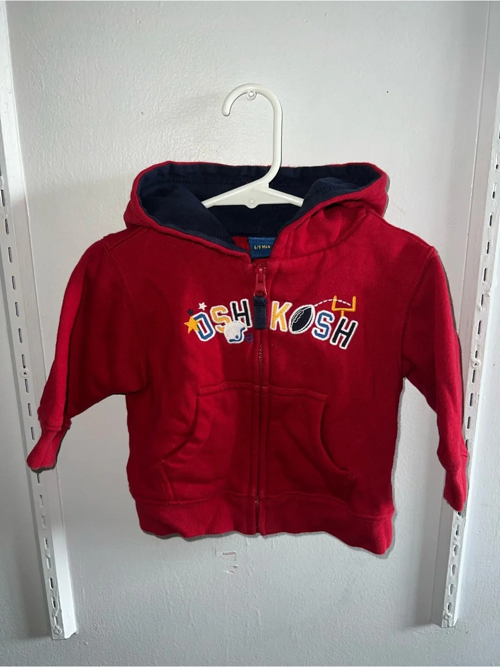 Y2K OshKosh Red Hooded Zip Sweatshirt with Navy Lining and Embroidered Logo
